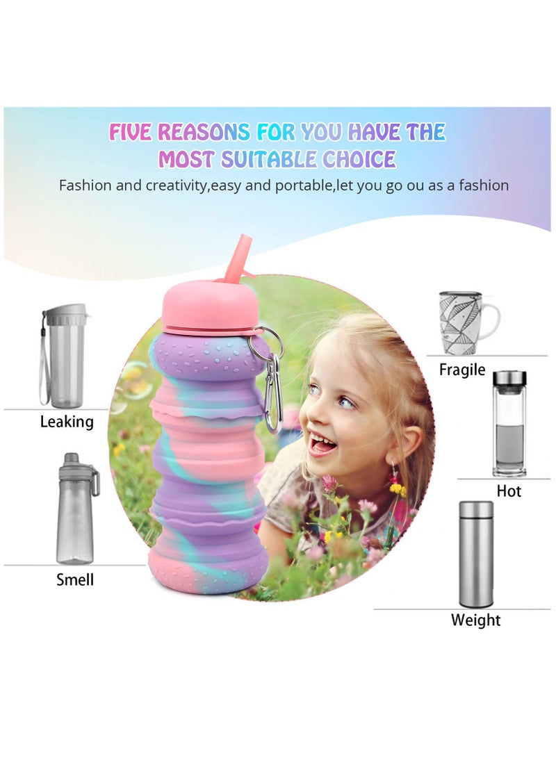 Water Bottle for Kids, Portable Foldable Silicone Water Bottles, Collapsible Leak Proof Drink Bottles with Lanyard Straps for Girls and boys, BPA Free(Pink) - Image 2